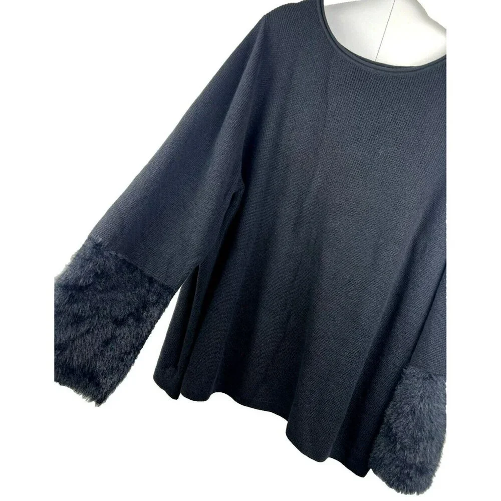 J. Jill Womens Sweater Tunic 2X Plus Solid Black Knit Long Sleeve Faux Fur Cuffs
